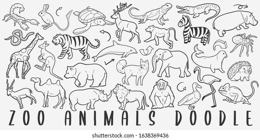 Zoo Animals Doodle Line Art Illustration. Hand Drawn Vector Clip Art. Banner Set Logos.