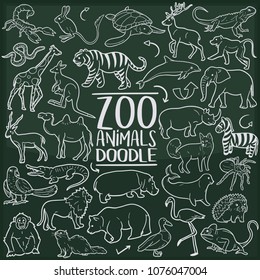 Zoo Animals Doodle Line Icon Chalkboard Sketch Hand Made Vector Art.