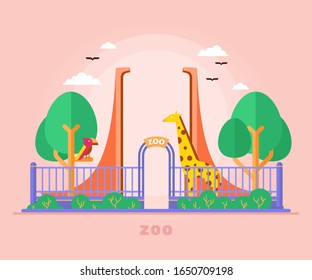 Zoo Animals Entrance Gate Vector Cartoon Style with Bird, Giraffe and Trees. Zoo Wildlife Nature Illustration Flat Background Template.