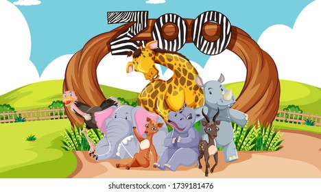 Zoo animals at the entrance sign illustration