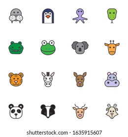 Zoo animals filled outline icons set, line vector symbol collection, animals face linear colorful pictogram pack. Signs, logo illustration, Set includes icons as walrus, penguin, octopus, crocodile