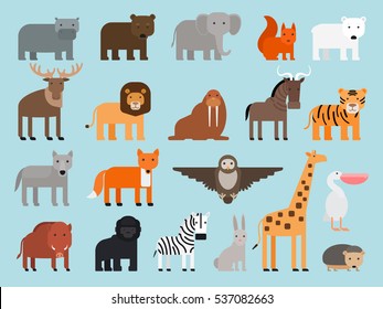 Zoo Animals Flat Colorful Icons On Blue Background. Vector Illustration.