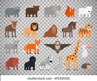 Zoo Animals Flat Colorful Icons Isolated On Transparent Background. Vector Illustration