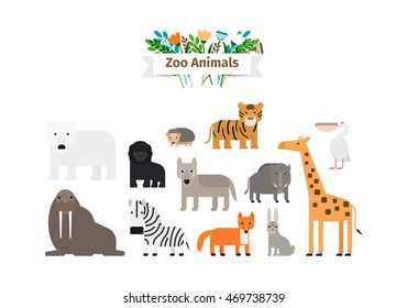 Zoo Animals Flat Design Colorful Vector Icons Set