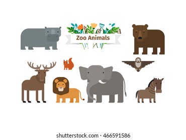 Zoo Animals Flat Design Vector Icons Set