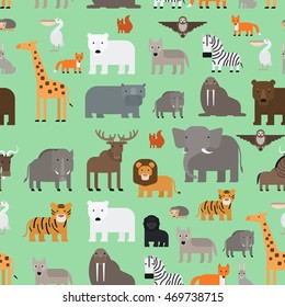 Zoo animals flat style seamless pattern. Vector illustration