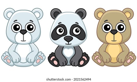 Zoo animals. Funny little panda, polar bear ang grizzly bear in a cartoon style