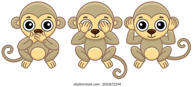 Zoo animals. Funny three little monkey in a cartoon style. See no evil Hear no evil Speak no evil