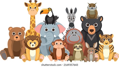 Zoo animals group in flat cartoon style illustration