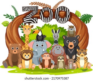 Zoo Animals Group Flat Cartoon Style Stock Vector (Royalty Free ...