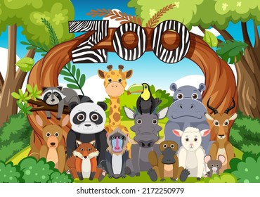 Zoo animals group in flat cartoon style illustration