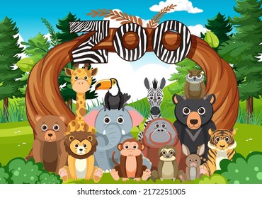 Zoo animals group in flat cartoon style illustration