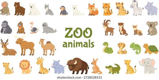 Conjunto de ilustración de animales de zoológico con personajes de animales salvajes de dibujos animados lindos colección de animales para la educación de los niños, carteles de aprendizaje, diseño de vivero, pegatinas. Colección de animales de zoológico