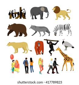 Zoo animals isolated on white background. Vector illustration. Wild african animals. Many different animals, giraffe, elephant, bear, lion, panda and monkey.