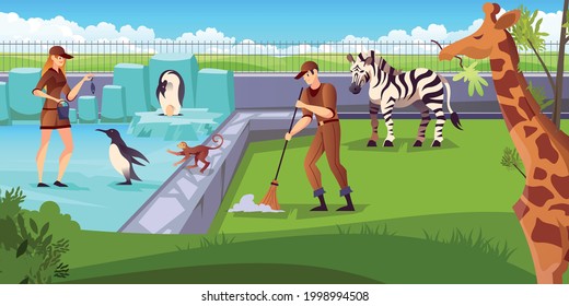 Zoo animals keepers volunteers feeding penguin giraffe zebra cleaning natural park location area cartoon composition vector illustration