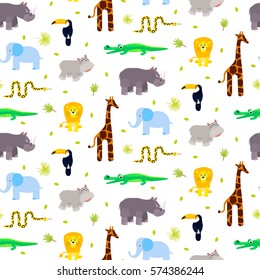 Zoo animals kid seamless pattern vector. Giraffe, lion, rhino, crocodile and elephant on white background.