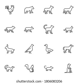 Zoo animals line icons set, outline vector symbol collection, linear style pictogram pack. Signs, logo illustration. Set includes icons as grizzly bear, wolf, bird, cat, dog, fox, squirrel, marmot