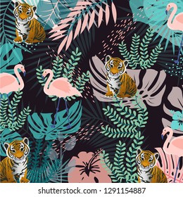 Patrón de animales zoológicos, flamingos rosados, bebé tigre, fondo de la jungla, monstera, palmas, plátanos, para textiles, tela, ropa para niños, pijamas, ropa de cama, niños de afiches