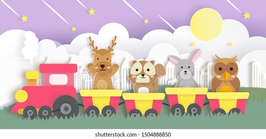 Zoo animals Riding a Colorful Train from  deer, squirrel , rabbit , owl . Safari animals travelling in the train. paper cut and craft style