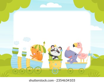 Zoo Animals Riding Colorful Train Empty Card Vector Template
