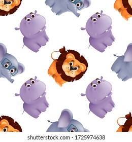 Zoo animals seamless pattern with cute baby lion, hippo and elephant. Vector illustration with funny mascot characters isolated on white background. Great for fabric print, textile or wrapping paper