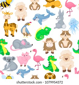 Zoo animals seamless pattern vector background cute cartoon wild characters illustration. Creative kids texture for fabric, wrapping, textile wallpaper, apparel vector illustration.