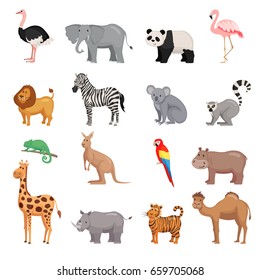 Zoo animals set in flat style isolated on white background. Vector illustration.