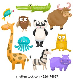 Zoo animals set on white background. Panda, yak, crocodile, giraffe, owl, hippo, fish, zebra