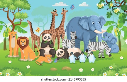 Zoo animals set. Pandas, giraffes, elephants, zebras, elephants, penguins in cartoon style for kids.