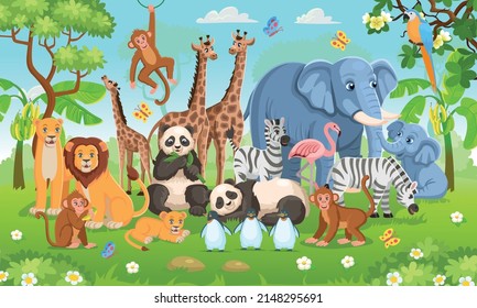 Animales zoológicos. Pandas, jirafas, elefantes, cebras, elefantes, pingüinos, monos, loros, flamencos al estilo de las caricaturas para niños.