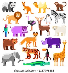 Zoo animals set. Vector flat illustration. Cute colorful characters isolated on white background.