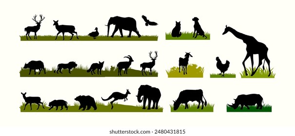 Zoo animals silhouette vector illustration. Wildlife Africa safari collection. Isolated on white background.