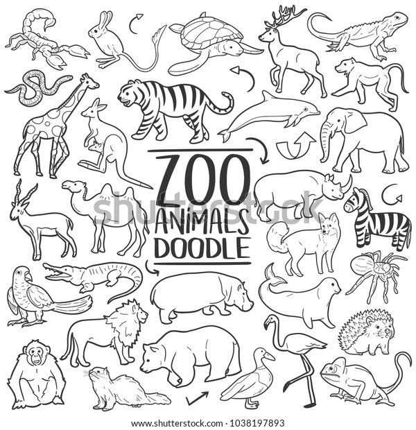 动物园动物传统涂鸦图标素描手工制作设计矢量库存矢量图 免版税