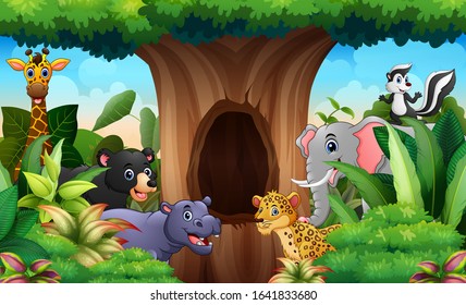 Zoo animals under the hollow tree landscape