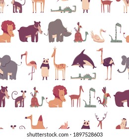 Zoo animals vector cartoon seamless pattern on a white background.
