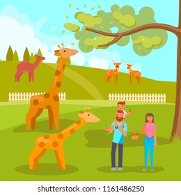 Zoo animals vector flat style design illustration. Happy family feeding carrots to baby giraffe.