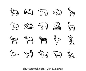 Zoo Animals Vector Icon Set | Adjustable Line Weight | Lion, elephant, giraffe, crocodile, penguin, zebra, wildlife, safari, exotic, jungle, wild animal, nature exploration icons