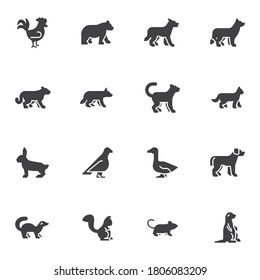 Zootiere Vektorsymbole Set, moderne solide Symbolsammlung, gefülltes Piktogramm-Paket im Stil. Zeichen, Logo-Illustration. Set enthält Symbole wie Grizzlybär, Wolf, Vogel, Katze, Hund, Fuchs, Eichhörnchen, Marmot