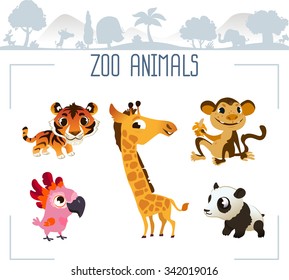 Zoo animals. Vector illustration set.