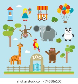 zoo animals vector kids illustration bear monkey elephant zoo giraffe elephant parrot monkey park giraffe wild life animal flat circle orange vector alphabet long neck tall big children illustration