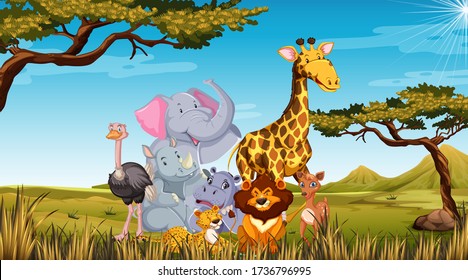 Zoo animals in the wild nature background illustration