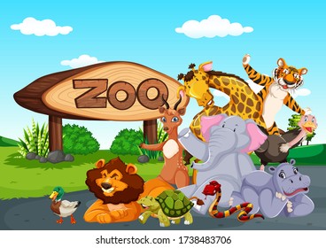 Zoo animals in the wild nature background illustration