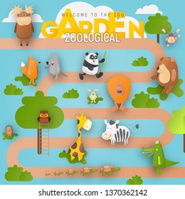 Zoo Animals in Zoological Garden or Park. Cartoon Cute Crocodile, Monkey, Koala, Giraffe, Bear, Fox and other Characters. Vector Illustration.