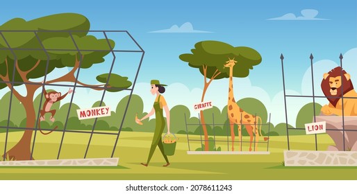 Zoo background. Cartoon animals and technician workers feeds and care zoo animals exact vector illustration