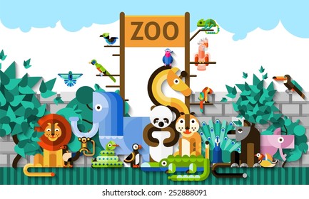 Zoo background with colorful paper african jungle animals and birds vector illustration