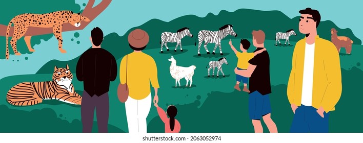 Zoo background with wild animals and family visitors flat vector illustration