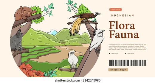 Zoo banner design with indonesian flora fauna hand drawn illustration