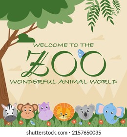 Zoo banner template with cute stylised wild animals in the jungle suitable for zoological garden entrance billboard, web or social media poster. Vector illustration in flat style.