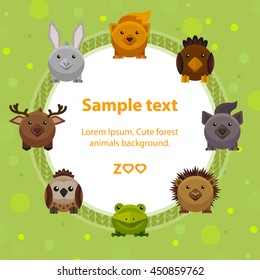 Zoo card design, poster with cute forest animals, flat style vector illustration