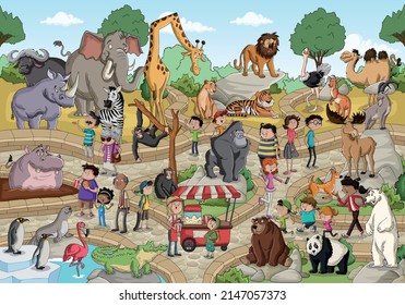 Zoo with cartoon animals and people. Animals and visitors at the zoo.
 - Shutterstock ID 2147057373